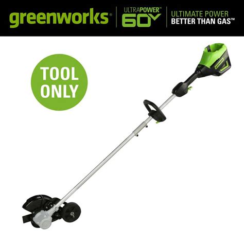 Greenworks 60 volt edger - 60-Volt lithium Ion battery delivers fade-free power with no memory loss after charging; Brushless motor provides gas-like power, greater efficiency and lower noise level; 8 in. blade curb wheel guarantees the perfect edging every time; Adjustable auxiliary handle for added user comfort and control